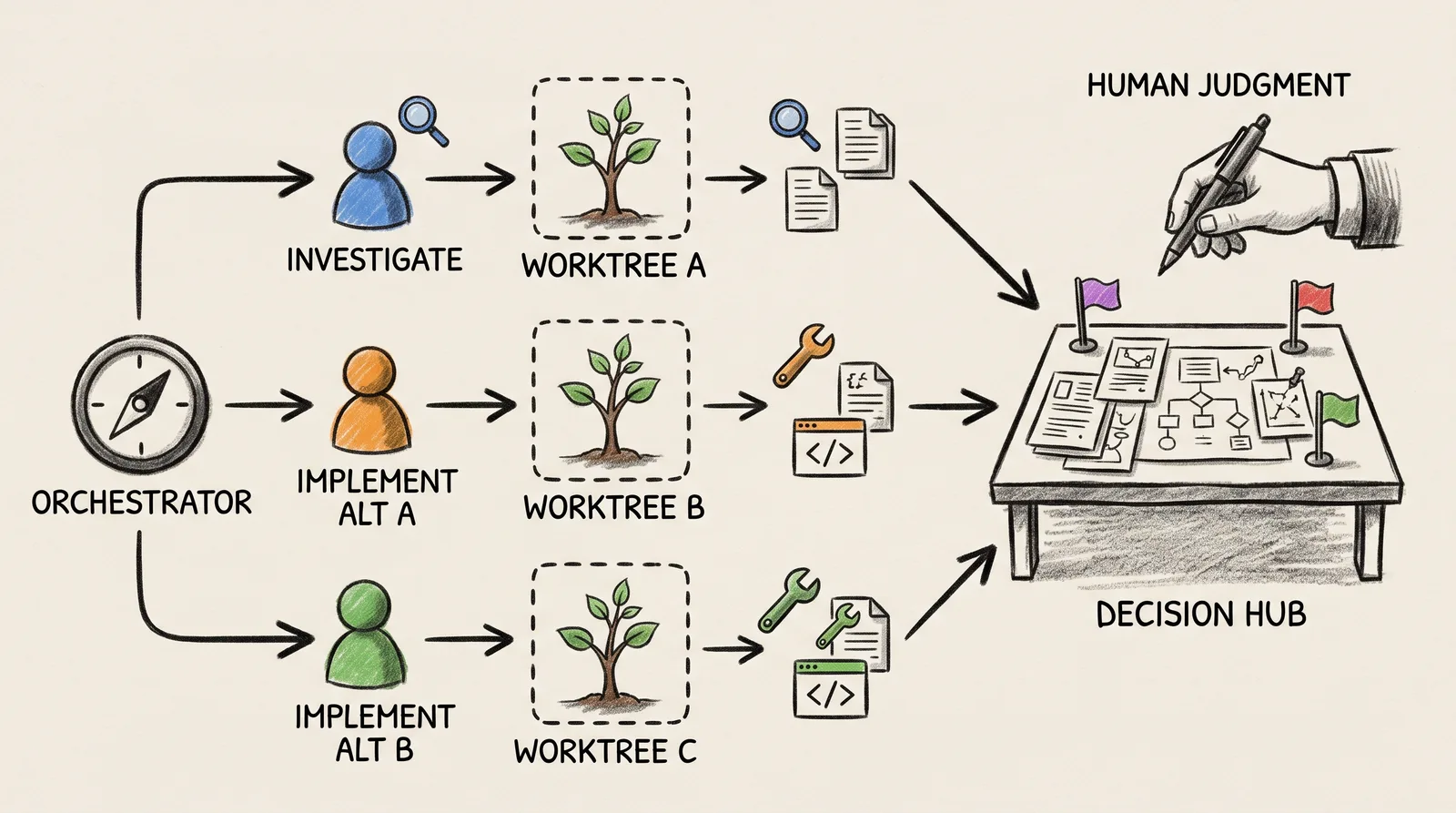オーケストレーターが複数の worktree とエージェントの成果を人の判断へ集める図